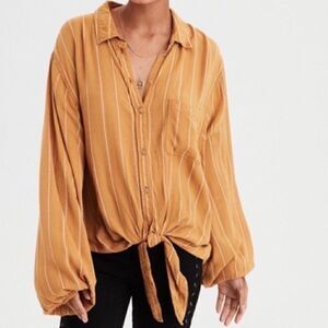 American Eagle Mustard Striped Front Tie Balloon Sleeve Size M